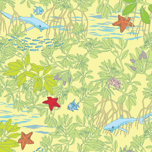 An illustration showing mangroves and their remarkable ability to protect many animals. Featured is a baby blue shark, sea stars, sea hares and crabs.