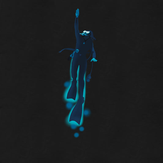 On a dark ocean background, a woman dressed in full scuba gear is swimming with her hand reaching up. The glass of her mask is bright against the dark.