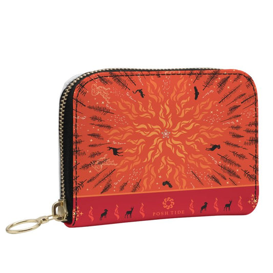 Wildfires in western USA inspired this design. Setting fire to prevent bigger fires, and to rejuvenate and nourish the land, was once common and sacred. “Indigenous burning was the original fire system in North America.” This design is created with the hope that people become more connected with the land. Featuring a 100% leather interior with two card sections on each side when opened - and two separate larger compartments, this zip purse / wallet is perfect for travel and everyday use.