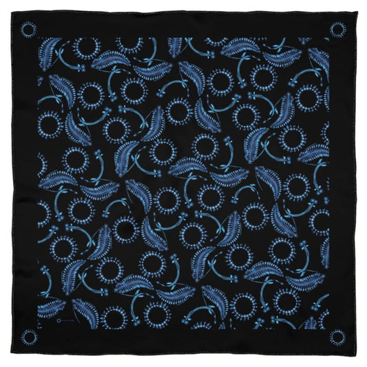 This black and dark blue square Georgette silk scarf is decorated with illustrations inspired by the dark ocean waters. Besides the jellyfish and deep sea dragon fish illustrated on the scarf, we included the Tomopteris, sometimes called the ocean glow-stick, which is a graceful swimmer. This scarf comes in two sizes and honors wild and beautiful creatures which flash and glow in the ocean depths.