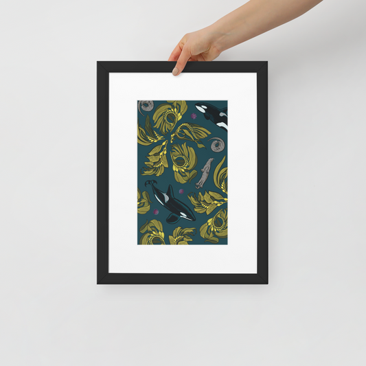 Orca-Otter-Urchin-Kelp Matte Paper Framed Poster With Mat-01