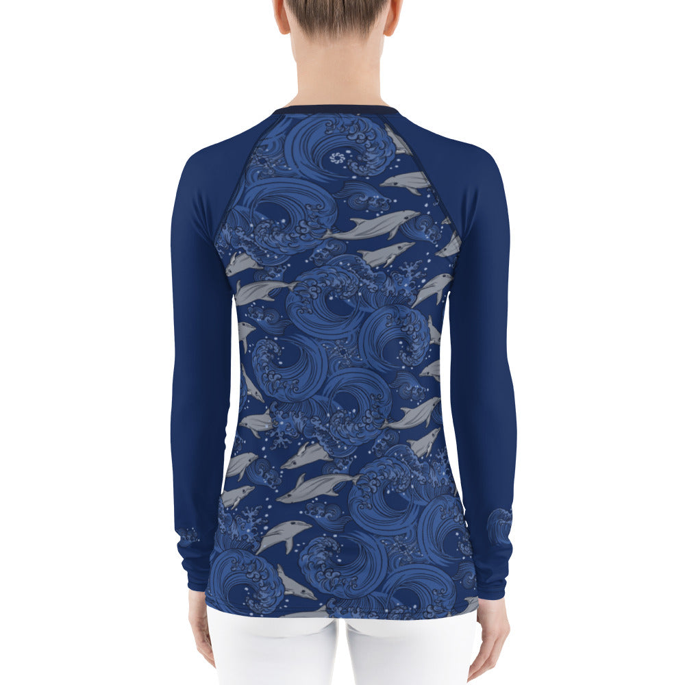Dolphins on Rolling Waves Women's Rash Guard - Posh Tide