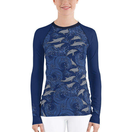 Dolphins on Rolling Waves Women's Rash Guard - Posh Tide