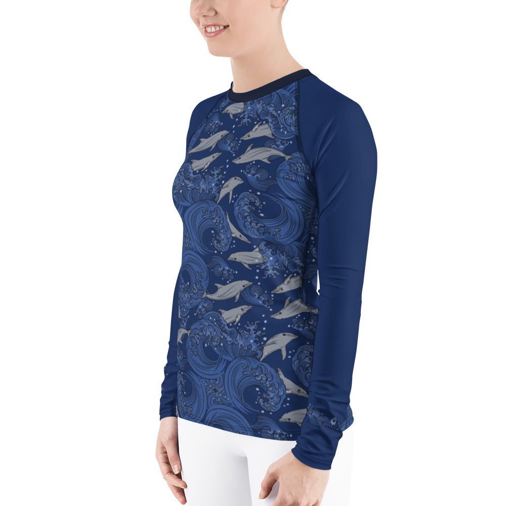 Dolphins on Rolling Waves Women's Rash Guard - Posh Tide