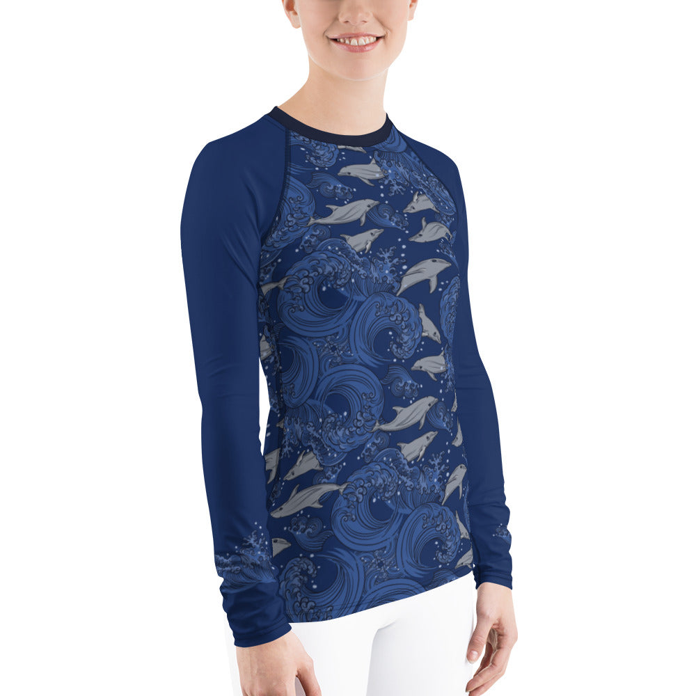 Dolphins on Rolling Waves Women's Rash Guard - Posh Tide