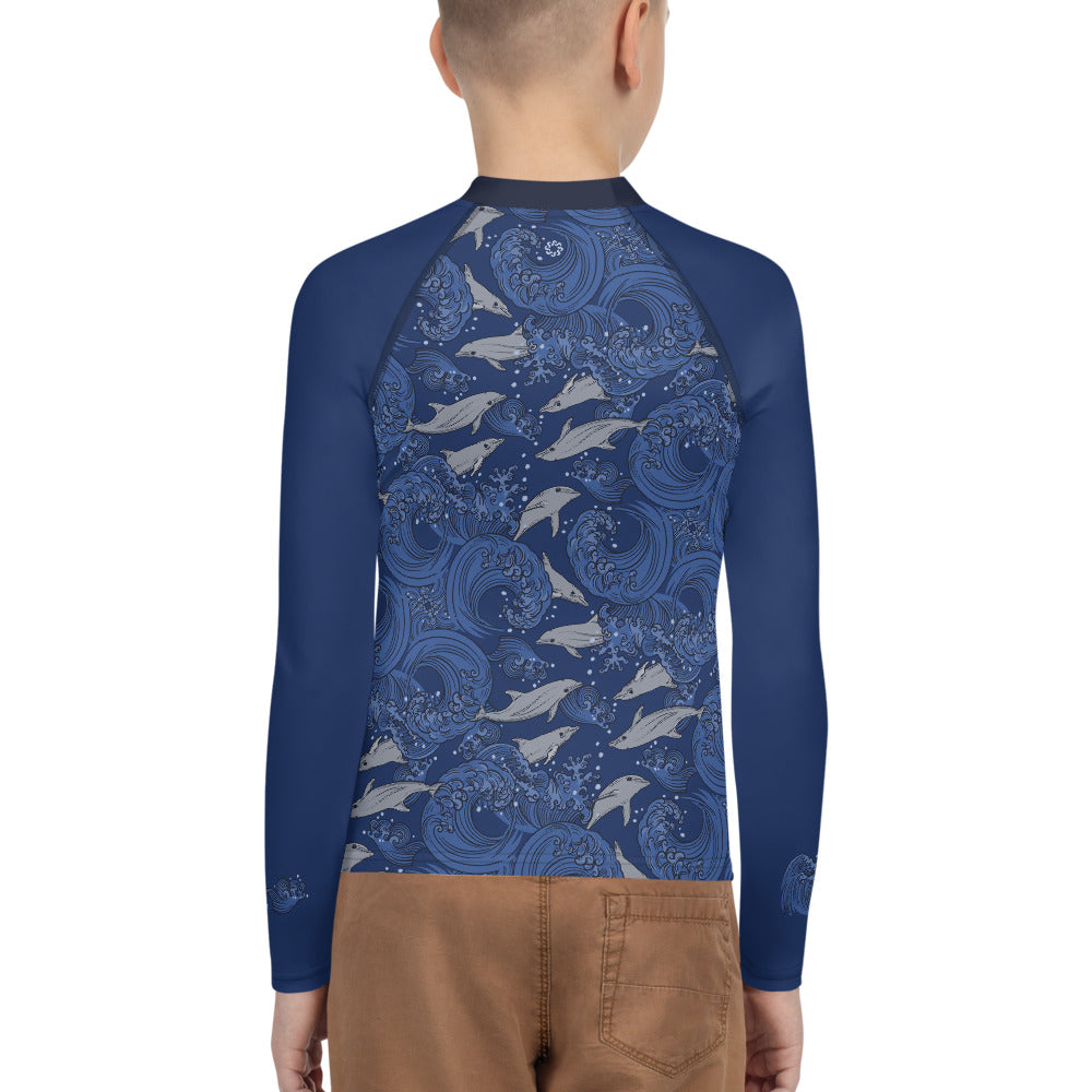 Dolphins on Rolling Waves Youth Rash Guard - Posh Tide