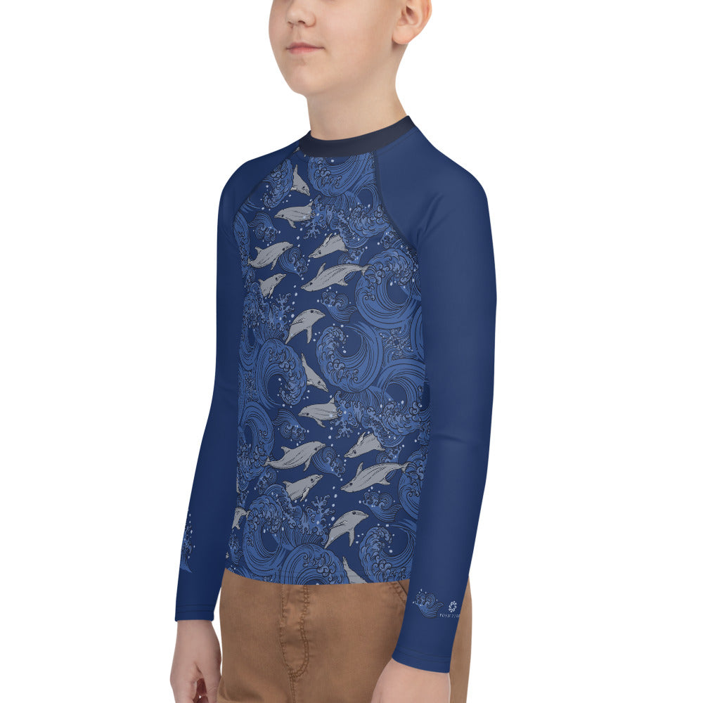 Dolphins on Rolling Waves Youth Rash Guard - Posh Tide