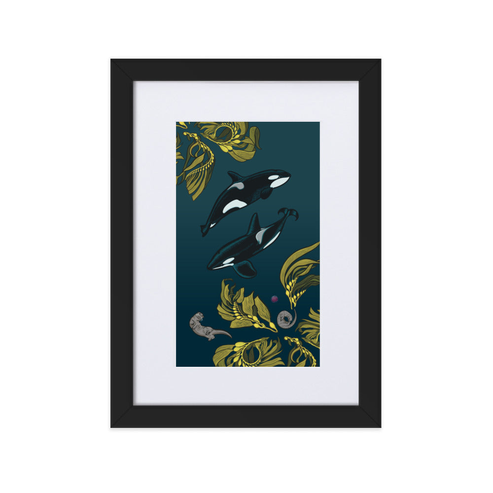 Orca-Otter-Urchin-Kelp Matte Paper Framed Poster With Mat-02