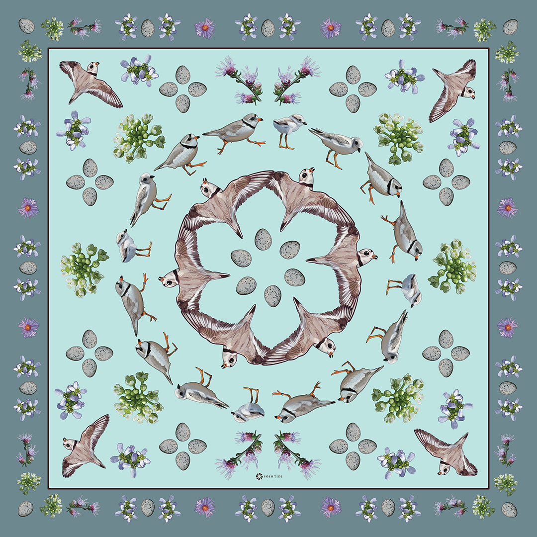 A luxurious double sided silk scarf decorated with illustrations of the piping plovers of the Great Lakes in blues, teals and dusky rose tones.