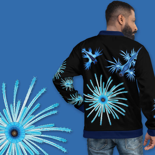 The back of a bomber jacket with a beautiful illustration of a blue glaucus also known as the blue dragon and a porpita porpita which looks like a chrysanthemum firework
