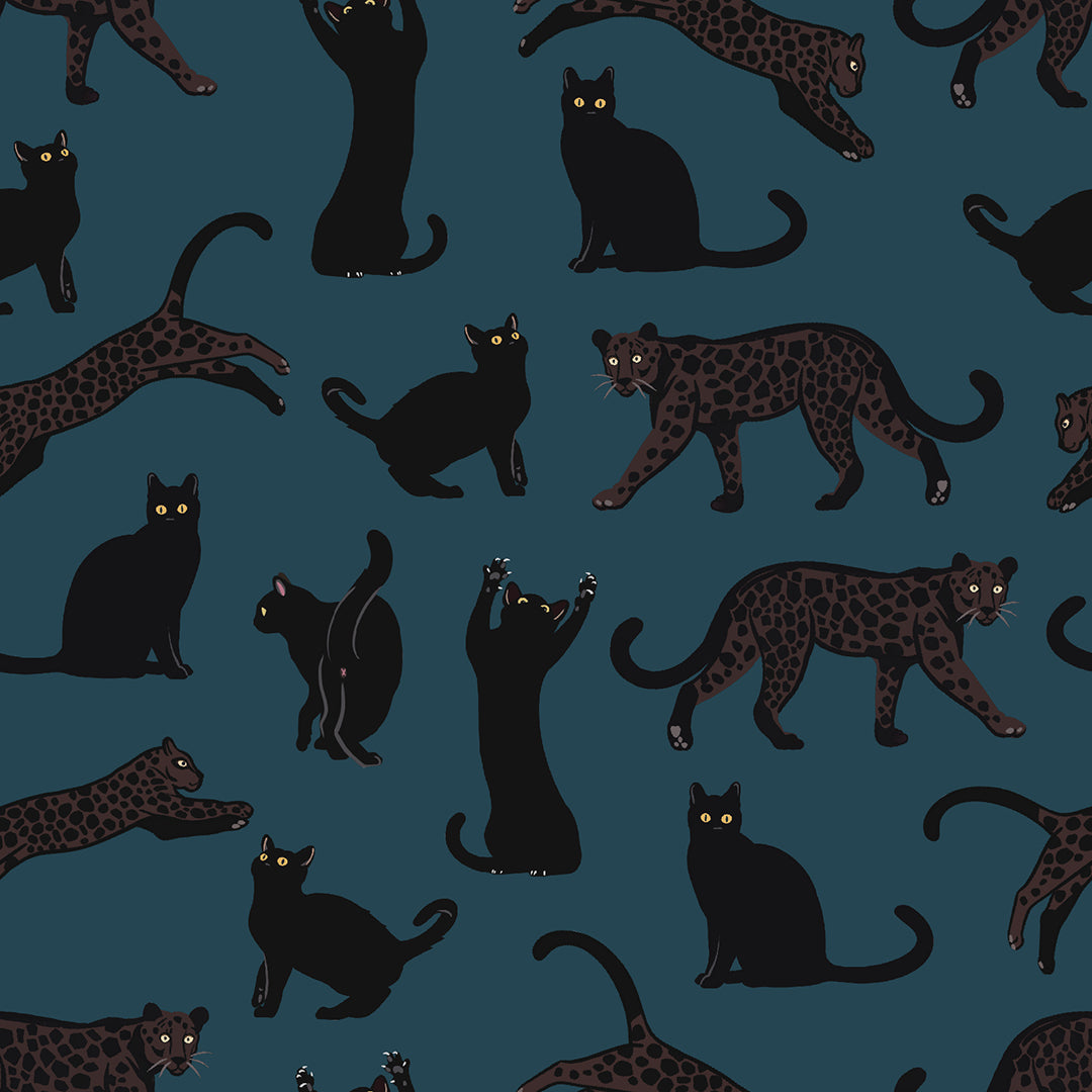 Dark cats with glowing eyes on a blue background.