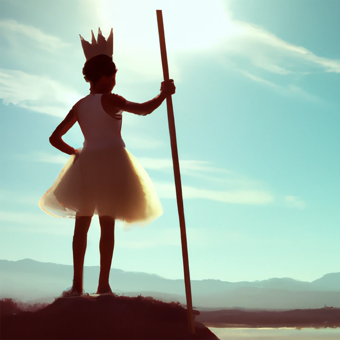 an image of a girl in a paper crown standing on a rock looking out over a lake.