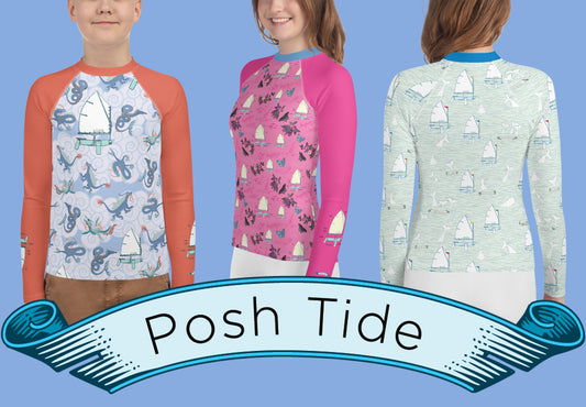 rash guards with ocean inspired sailing images