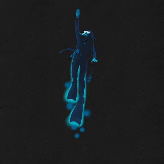On a dark ocean background, a woman dressed in full scuba gear is swimming with her hand reaching up. The glass of her mask is bright against the dark. 