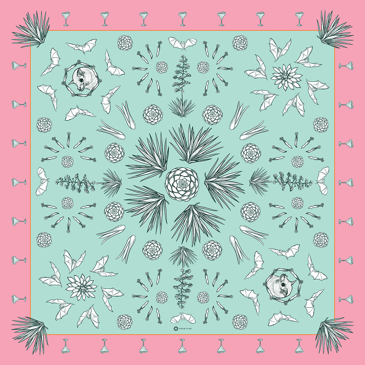 Scarf with cool mint interior and a pink band decorated with agave and bats which have co-evolved together for thousands of years.