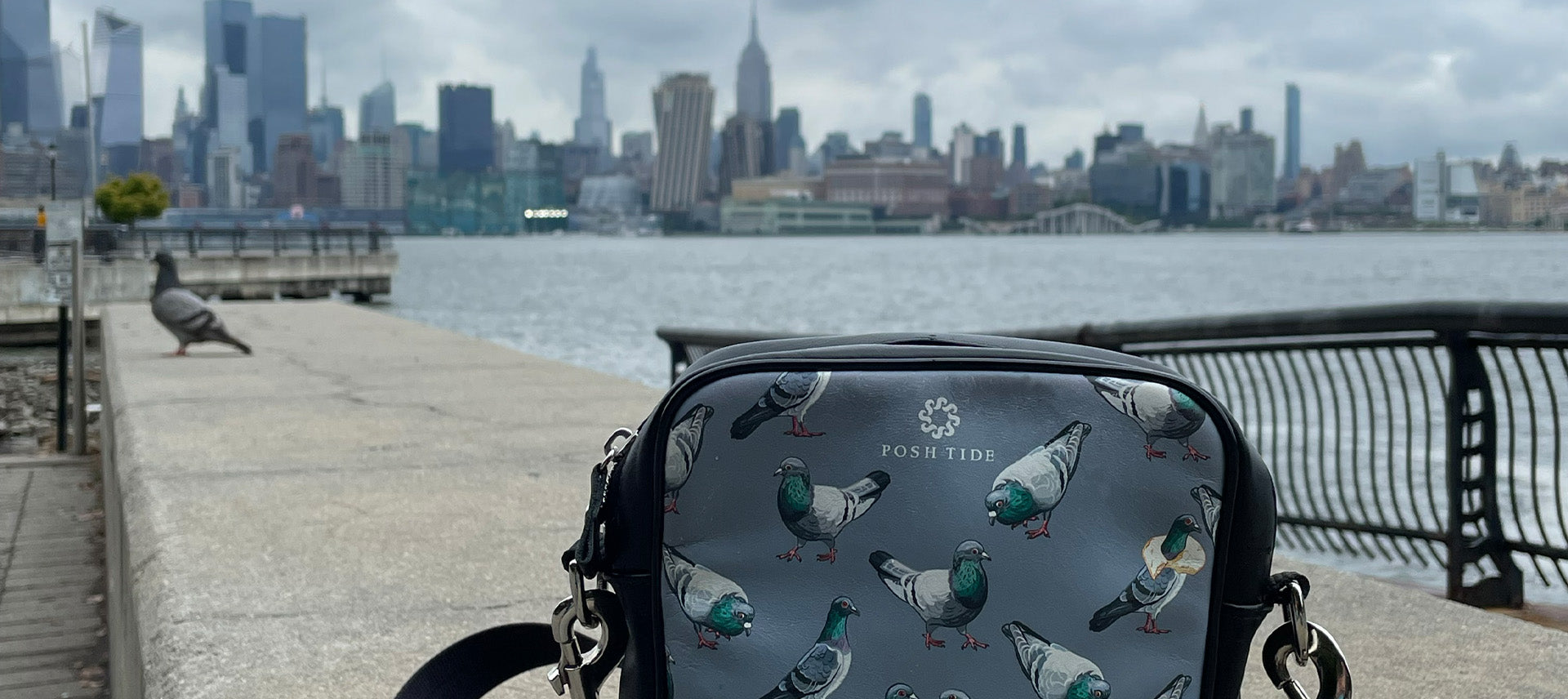 close up view of Posh Tide cross body pigeon themed messenger bag with a view of a pigeon and NYC in the background.