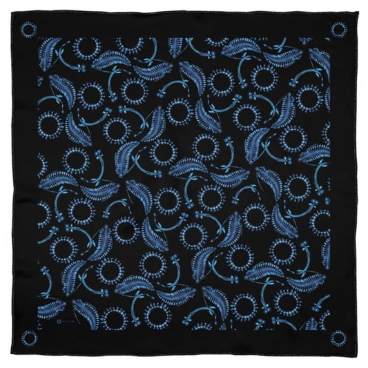 This black and dark blue square Georgette silk scarf is decorated with illustrations inspired by the dark ocean waters. Besides the jellyfish and deep sea dragon fish illustrated on the scarf, we included the Tomopteris, sometimes called the ocean glow-stick, which is a graceful swimmer. This scarf comes in two sizes and honors wild and beautiful creatures which flash and glow in the ocean depths. 