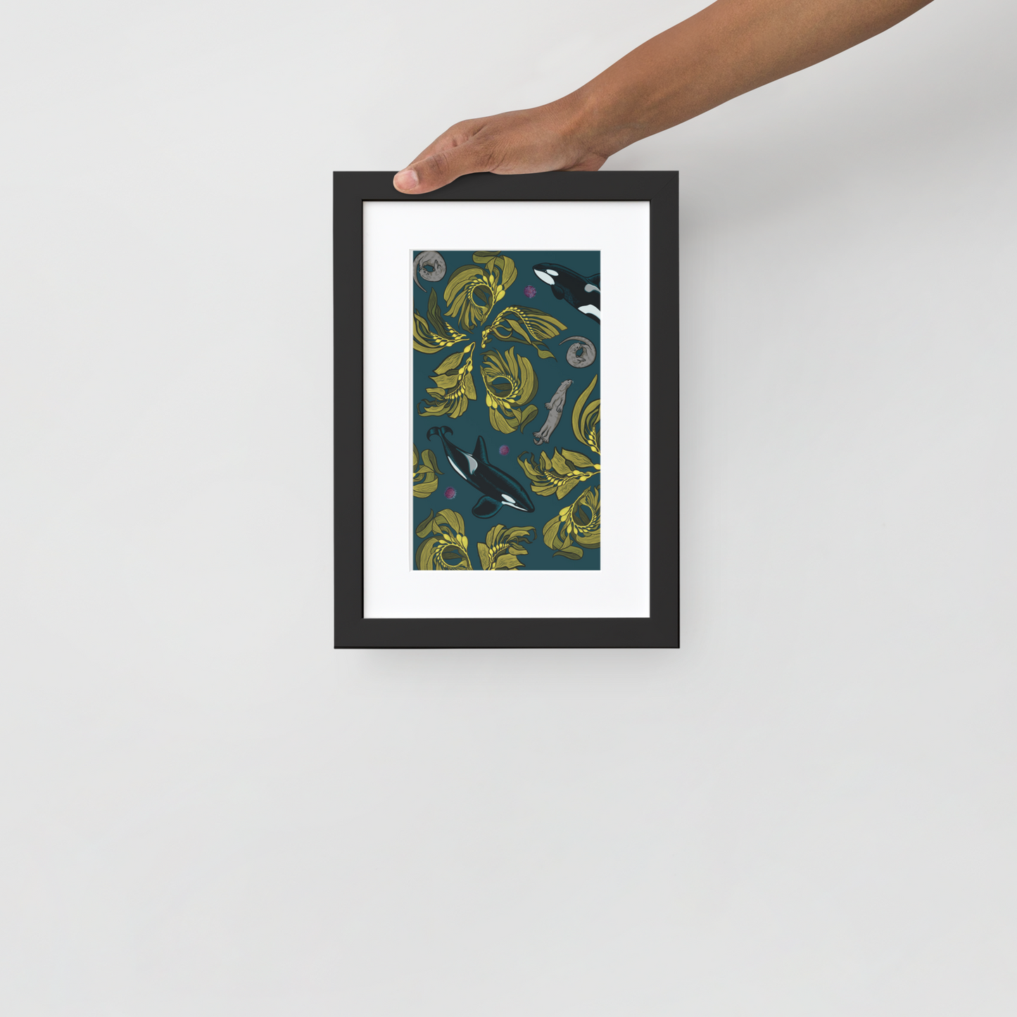 Orca-Otter-Urchin-Kelp Matte Paper Framed Poster With Mat-01