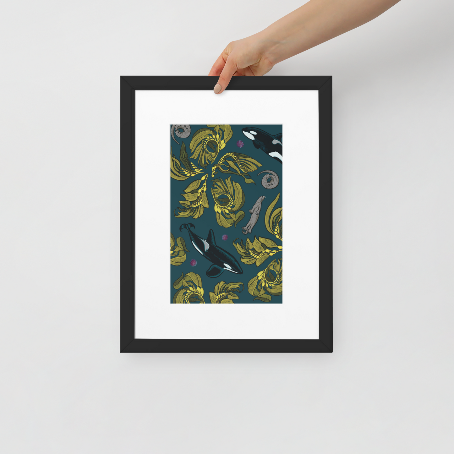 Orca-Otter-Urchin-Kelp Matte Paper Framed Poster With Mat-01