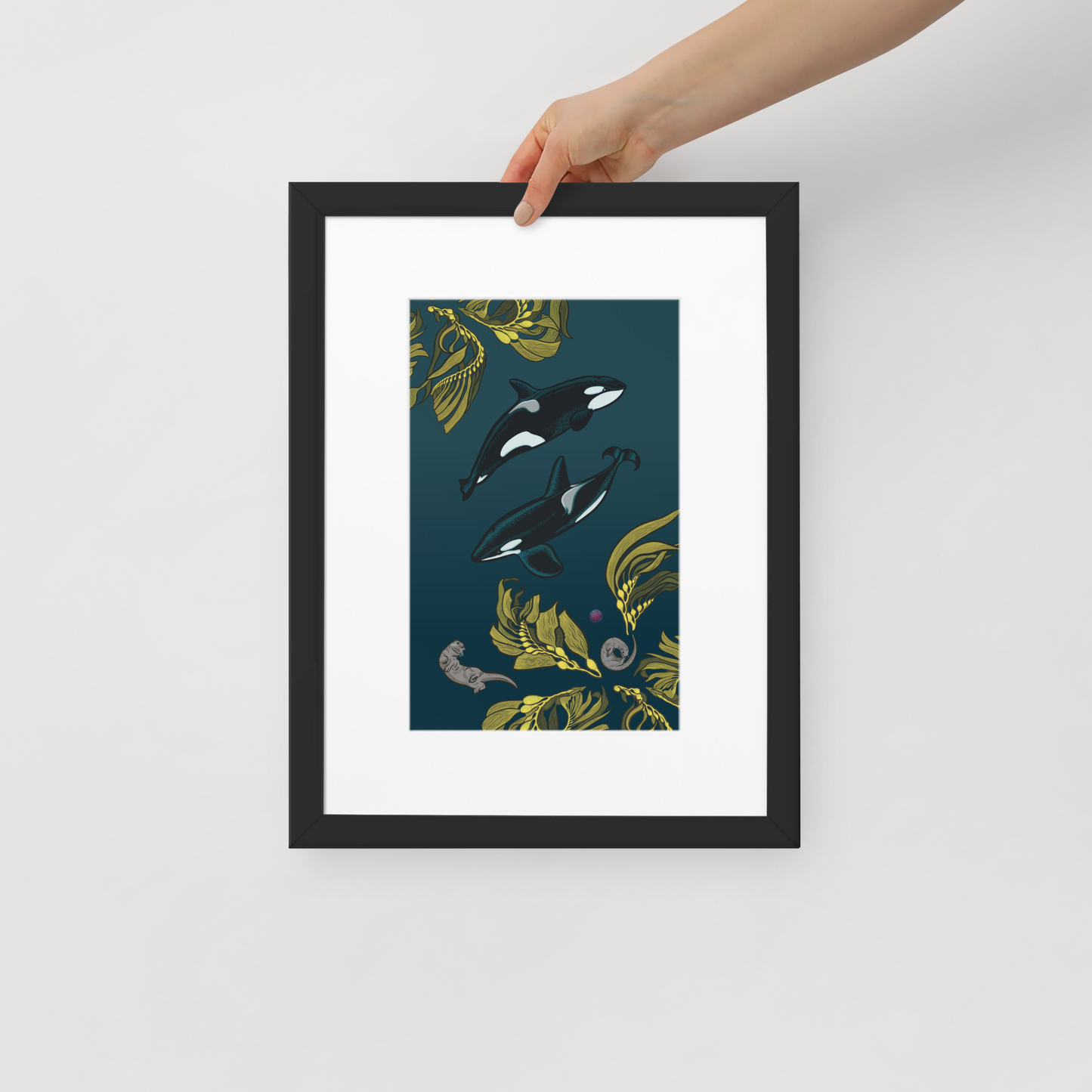 Orca-Otter-Urchin-Kelp Matte Paper Framed Poster With Mat-02