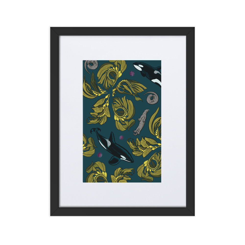 Orca-Otter-Urchin-Kelp Matte Paper Framed Poster With Mat-01