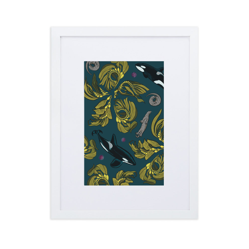 Orca-Otter-Urchin-Kelp Matte Paper Framed Poster With Mat-01